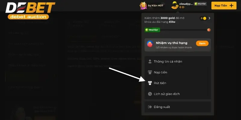 Người chơi lựa chọn mục rút tiền Debet